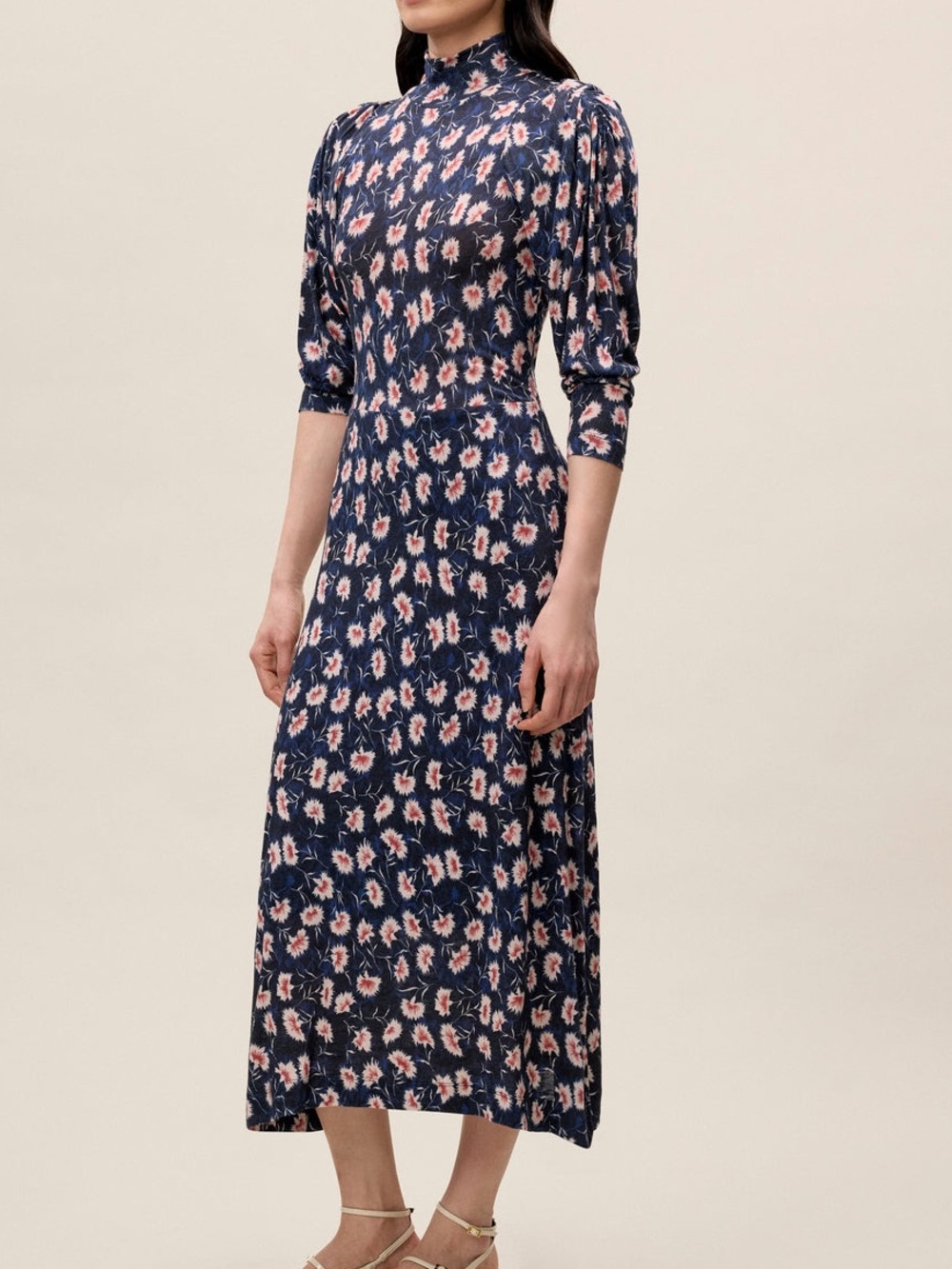 Rebecca Taylor Navy Floral Mock Neck Midi Maxi  Dress S Long Sleeve